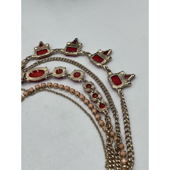 J. Crew Red Pink Peach Gold Tone Layered Multi Strand Rhinestone Necklace - Picture 8 of 14